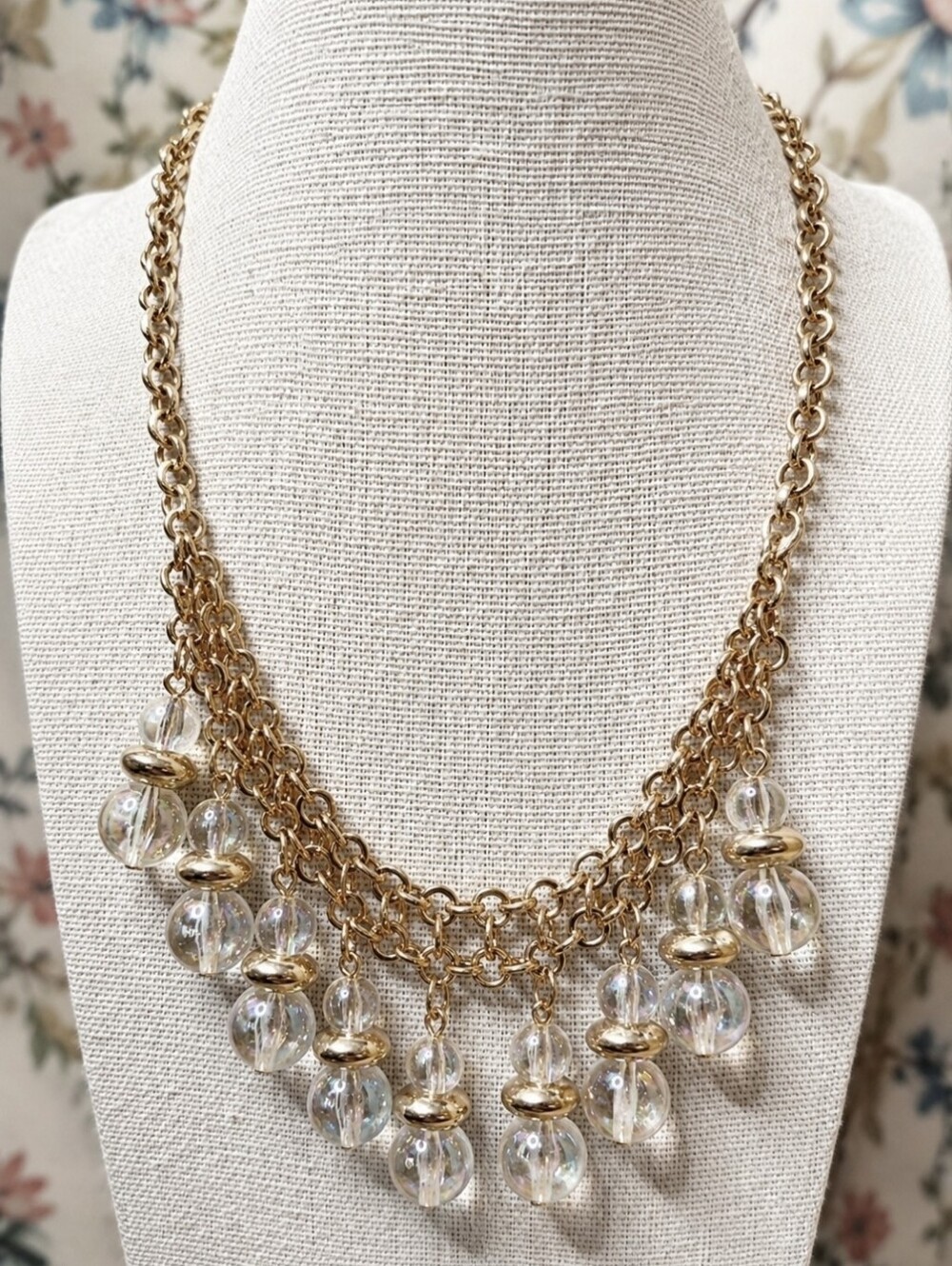 Iridescent Water Bubbles Clear Round Bead Cascading Gold Tone Statement Necklace
